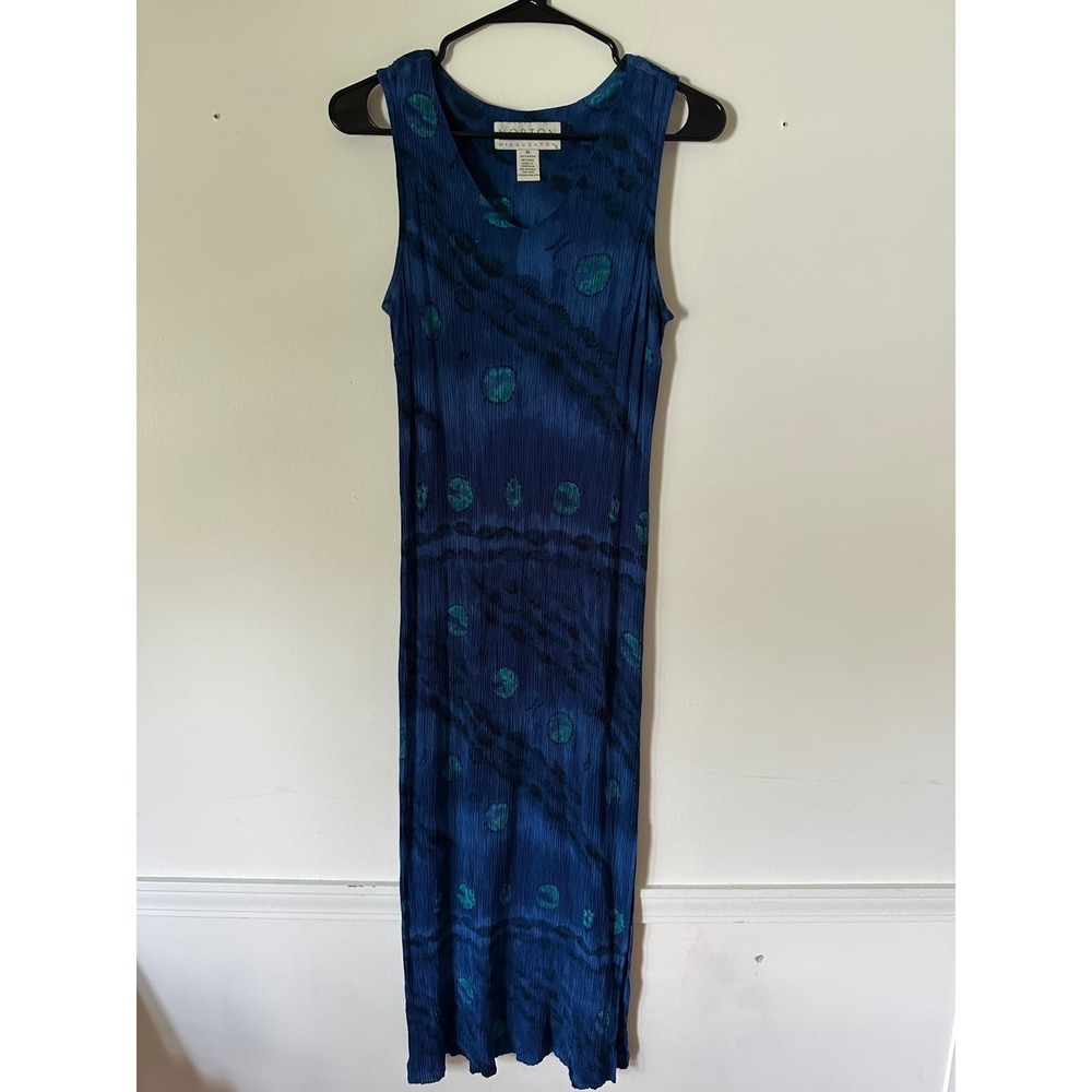 Norton McNaughton Vintage Blue Batik Crinkle Rayon Maxi Dress Womens Medium Tie